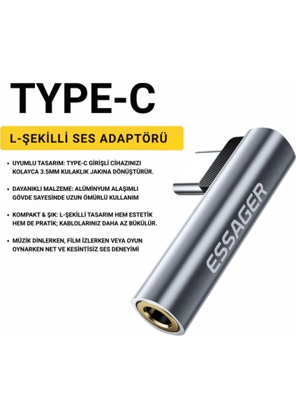 L Tip Type-C To 3.5mm Ses ve Kulaklık Çıkışı, Hifi Ses Destekli, Telefon, Tablet, Pc Uyumlu