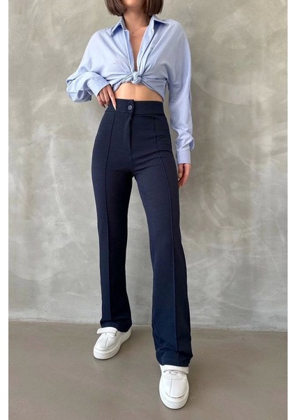 Likralı Çımalı Palazzo Krep Ithal Lacivert Pantolon