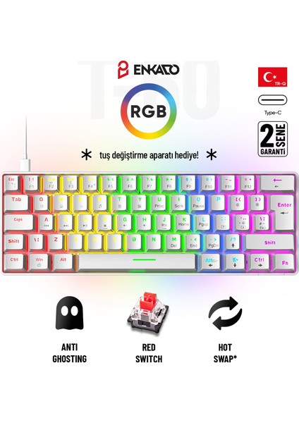 60 Tuş Mekanik Klavye Rgb Aydınlatmalı Oyuncu Klavyesi Red Switch Q Kablolu Hot Swap Beyaz Klavye
