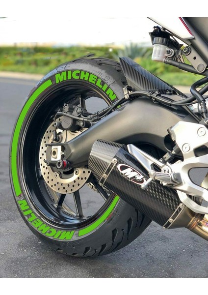 Motorsiklet Stiker Michelin + Şerit Lastik Stiker 8ADET Lastik Yazısı 15-19 Inç Arası Uyumlu Lastik Sticker Yeşil 18MM Ince