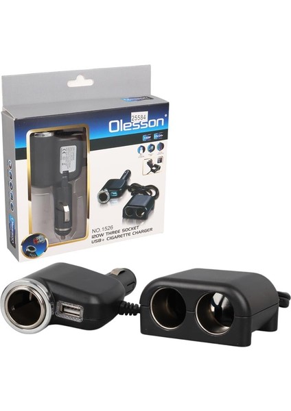 1526 12-24V Tek USB Girişli 120W 80 cm Kablolu 3'lü Araç Çakmak Çoklayıcı