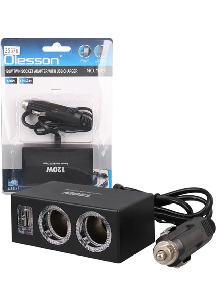 1522 12-24V Tek USB Girişli 120W 80CM Kablolu 2'li Araç Çakmak Çoklayıcı
