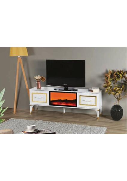 Bera Beyaz Membran Şömineli Inci Tv Sehpası