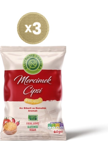Acı Biberli ve Domates Aromalı Mercimek Cipsi 60 g x 3 Paket (Glütensiz & Vegan)