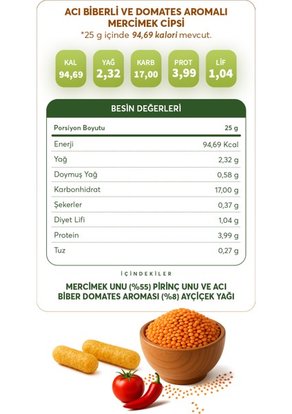 Acı Biberli ve Domates Aromalı Mercimek Cipsi 60 g x 3 Paket (Glütensiz & Vegan) indirimleri