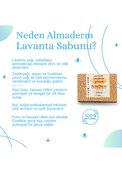 Lavanta, Keçi Sütü ve Argan Yağlı Rahatlatıcı ve Yatıştırıcı %100 Doğal Sabun 100GR Almaderm fiyatları
