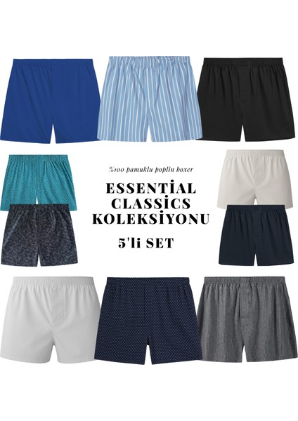 Boxer Erkek, 5'li "Essentian Classics Koleksiyonu" % 100 Pamuklu Poplin Kumaş, Koyu Renkler, 5 Adet