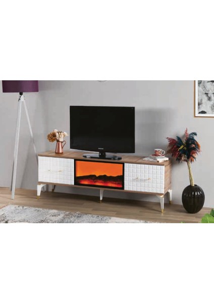 Bera Atlantik Çam Membran Kareli Şömineli Inci Tv Sehpası
