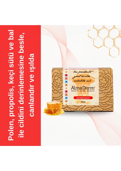 Ballı, Propolisli, Keçi Sütlü ve Zeytinyağlı Canlandırıcı ve Besleyici %100 Doğal Sabun 100 gr Almaderm