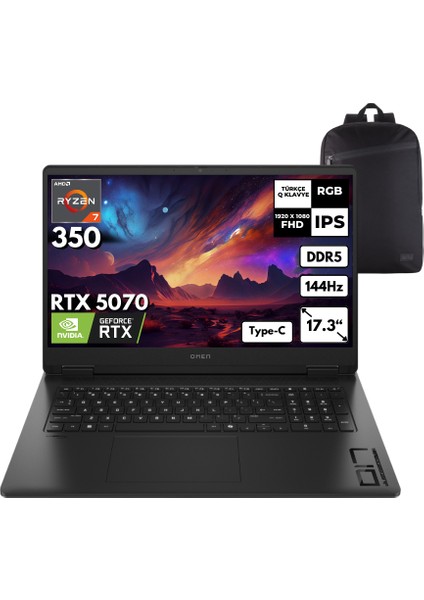 Omen 17-DB1005NT Ryzen Aı 7-350 64-Gbddr5 4 Tbssd RTX5070 (8gb-Gddr7) 17.3" Fhd 144Hz Windows 11 Home + Hmf Sırt Çantası C67G2EAHMF34