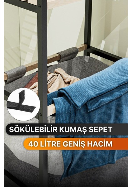 Çamaşır Sepeti Ahşap ve Metal Gövde 40 Litre Sökülebilir Yıkanabilir Kumaş 100x39x22 cm