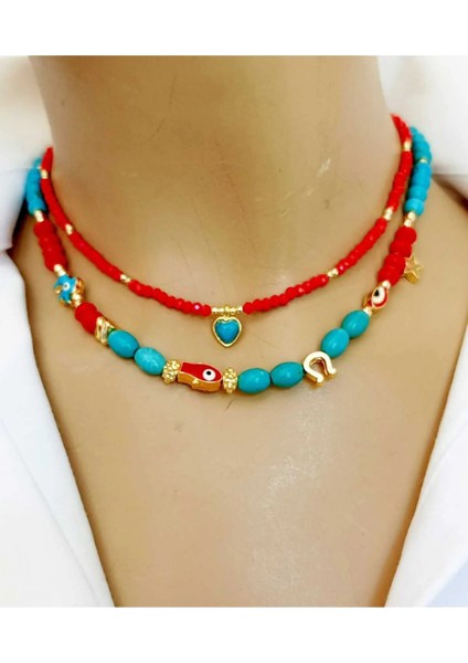 Leyla Turkuaz Kırmızı Kristal Nazar ve Kalp Uçlu Yaz Stili Kolye Seti