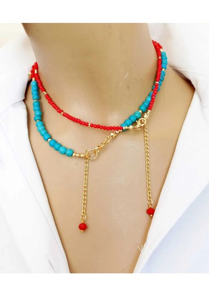 Leyla Turkuaz Kırmızı Kristal Nazar ve Kalp Uçlu Yaz Stili Kolye Seti fiyatları