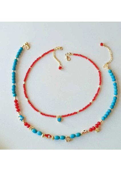 Leyla Turkuaz Kırmızı Kristal Nazar ve Kalp Uçlu Yaz Stili Kolye Seti modelleri