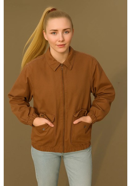 Kadın Fermuarlı Basic Cepli Kahve Bol Kot Ceket
