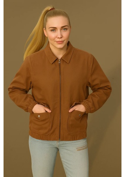 Kadın Fermuarlı Basic Cepli Kahve Bol Kot Ceket fiyatları