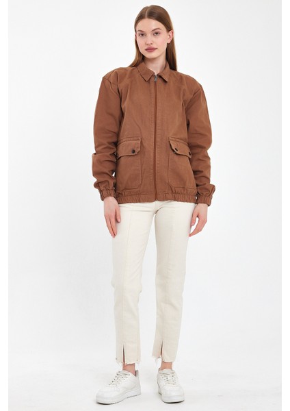 Kadın Fermuarlı Basic Cepli Kahve Bol Kot Ceket fırsatları