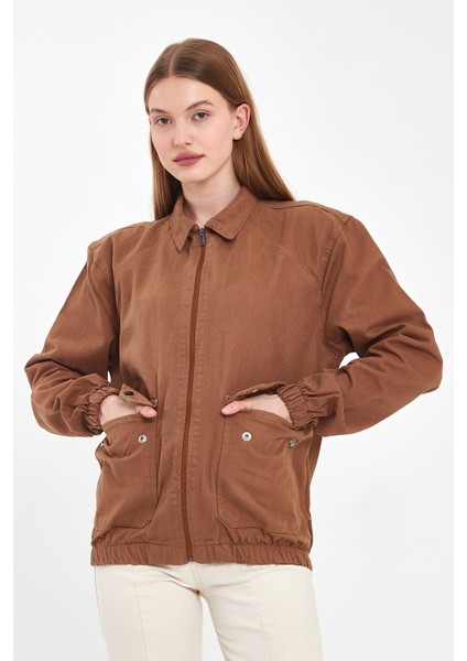 Kadın Fermuarlı Basic Cepli Kahve Bol Kot Ceket indirimleri