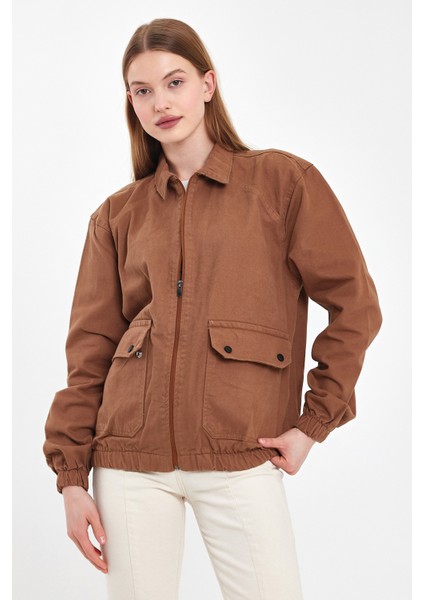 Kadın Fermuarlı Basic Cepli Kahve Bol Kot Ceket