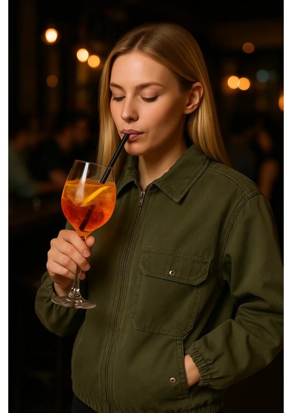 Kadın Fermuarlı Basic Cepli Haki Bol Kot Ceket