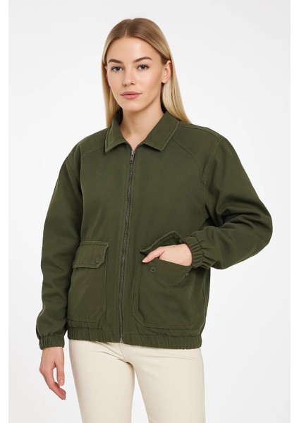 Kadın Fermuarlı Basic Cepli Haki Bol Kot Ceket fiyatları