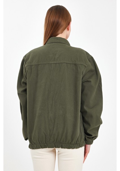 Kadın Fermuarlı Basic Cepli Haki Bol Kot Ceket modelleri