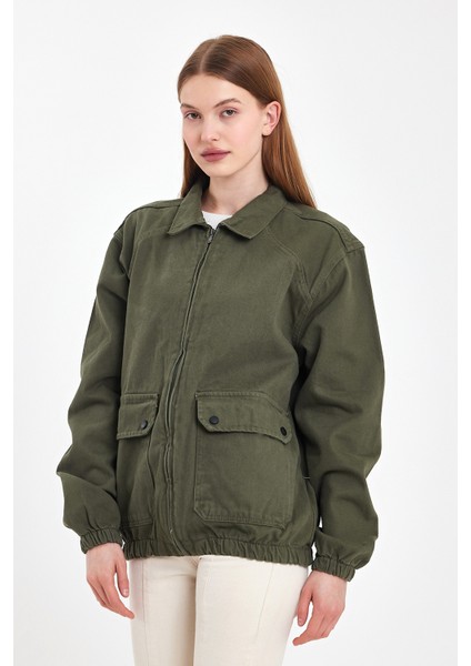 Kadın Fermuarlı Basic Cepli Haki Bol Kot Ceket fırsatları