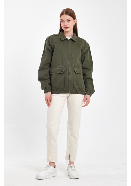Kadın Fermuarlı Basic Cepli Haki Bol Kot Ceket indirimleri