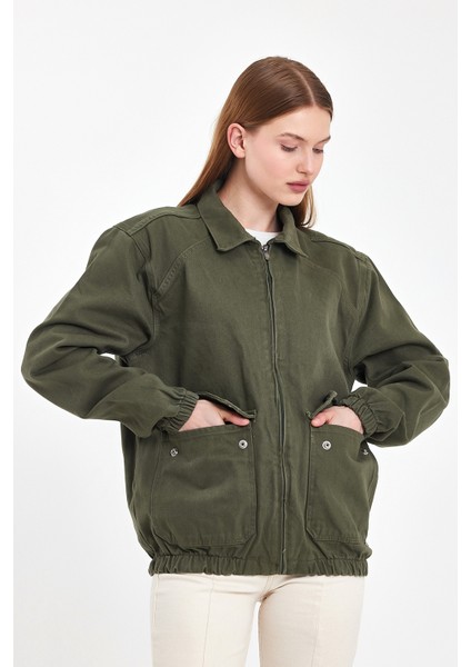 Kadın Fermuarlı Basic Cepli Haki Bol Kot Ceket