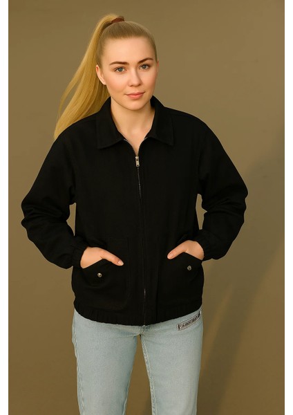Kadın Fermuarlı Basic Cepli Siyah Bol Kot Ceket