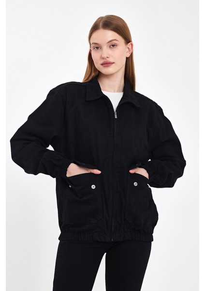 Kadın Fermuarlı Basic Cepli Siyah Bol Kot Ceket modelleri