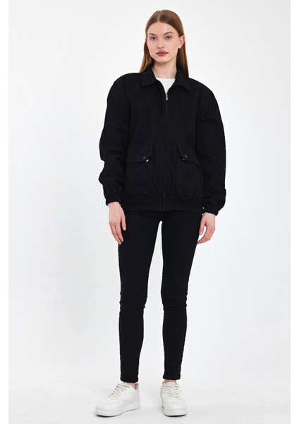 Kadın Fermuarlı Basic Cepli Siyah Bol Kot Ceket fırsatları