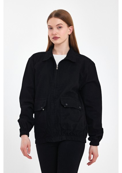 Kadın Fermuarlı Basic Cepli Siyah Bol Kot Ceket indirimleri