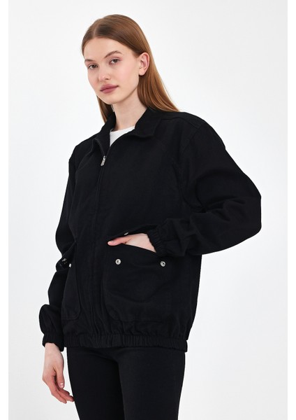 Kadın Fermuarlı Basic Cepli Siyah Bol Kot Ceket