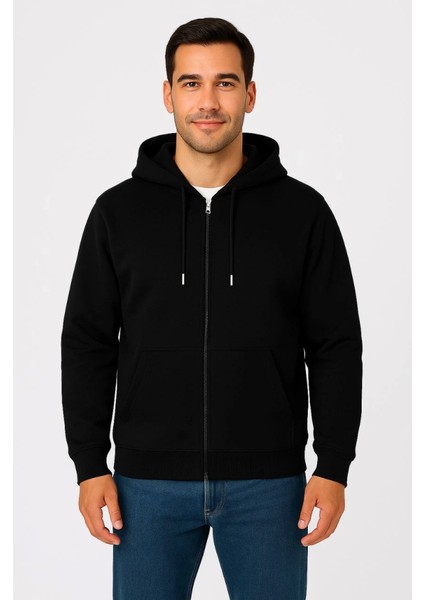 Erkek Üç Iplik Kapüşonlu Tam Fermuarlı Kanguru Çepli Sweatshirt Hoodie - Siyah fırsatları