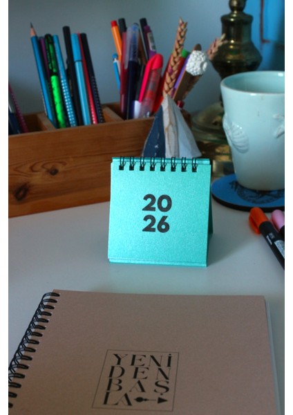 2026 Mini Takvim 8x8 Boyutunda Spiralli METALİK MERCAN YEŞİLİ