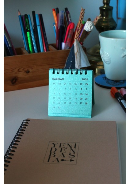 2026 Mini Takvim 8x8 Boyutunda Spiralli METALİK MERCAN YEŞİLİ
