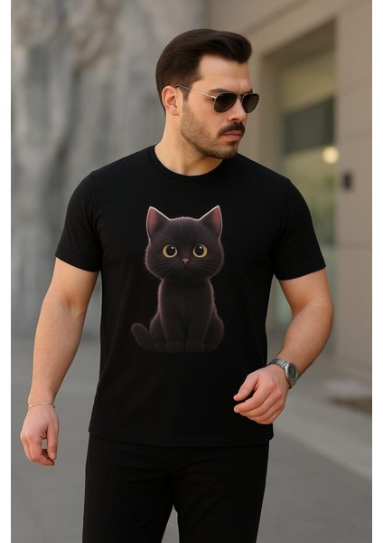 Erkek Bisiklet Yaka Kedi Baskılı Süprem T-Shirt