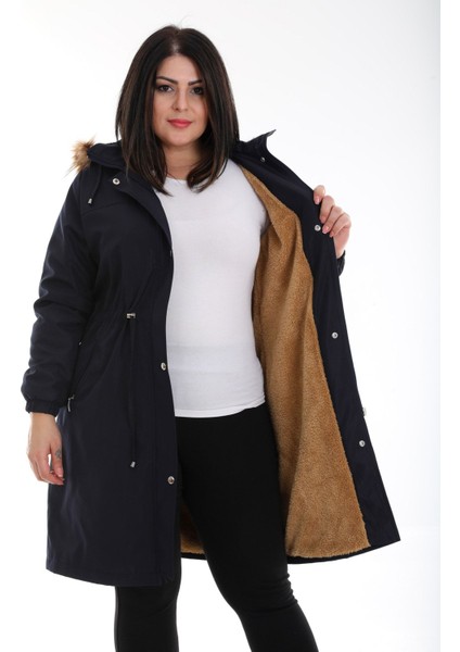 Kadın Suya Dayanıklı Büyük Beden Mont Kapüşonlu Uzun Siyah Mont Bonded Kumaş Içi Kürklü Mont