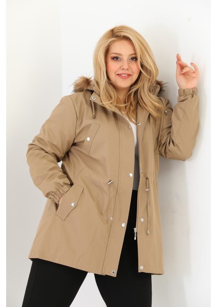 Kadın Suya Dayanıklı Büyük Beden Mont Kapüşonlu Haki Mont Bonded Kumaş Içi Kürklü Mont