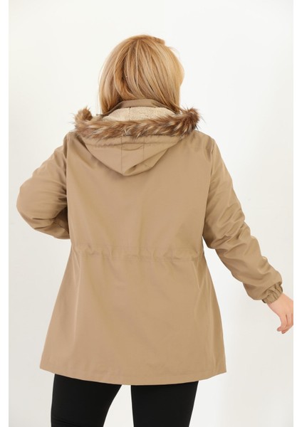 Kadın Suya Dayanıklı Büyük Beden Mont Kapüşonlu Haki Mont Bonded Kumaş Içi Kürklü Mont