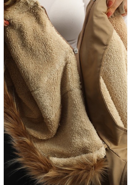 Kadın Suya Dayanıklı Büyük Beden Mont Kapüşonlu Haki Mont Bonded Kumaş Içi Kürklü Mont