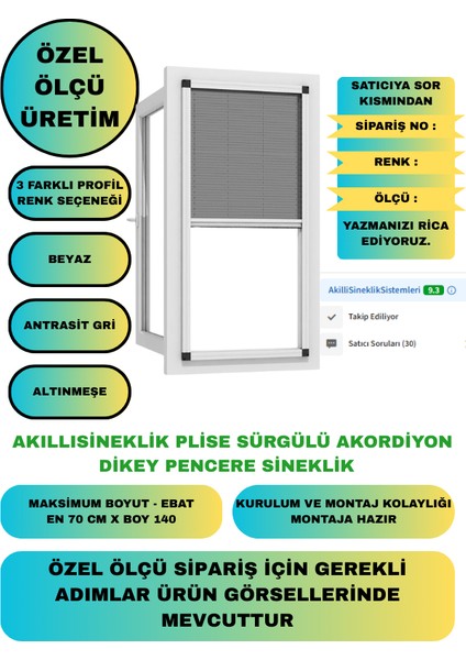 Pileli Plise Sürgülü Akordiyon Dikey Katlanır Pencere-Vasistas Sinekliği 0-70 En, 0-140 Boy