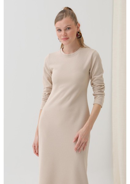 Kadın Basic Uzun Kollu Triko Maxi ELBISE-12591ELB