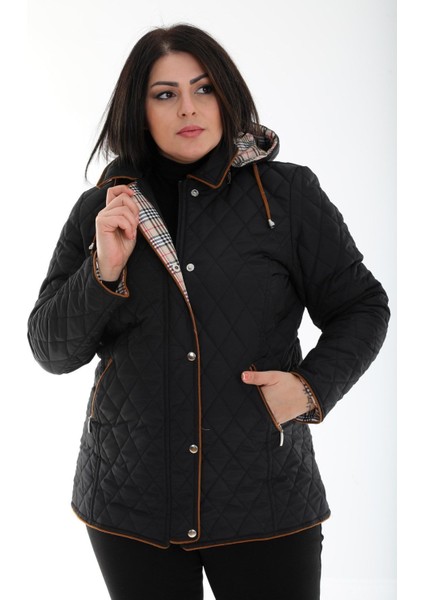 Baharlık Ekoseli, Kapitone Mont, Kapüşonlu Mont, Büyük Beden, Su Itici, Biyeli, Vizon