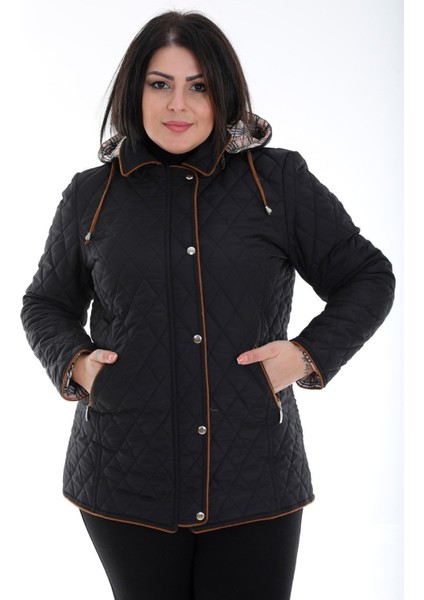 Baharlık Ekoseli, Kapitone Mont, Kapüşonlu Mont, Büyük Beden, Su Itici, Biyeli, Vizon