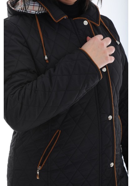 Baharlık Ekoseli, Kapitone Mont, Kapüşonlu Mont, Büyük Beden, Su Itici, Biyeli, Vizon