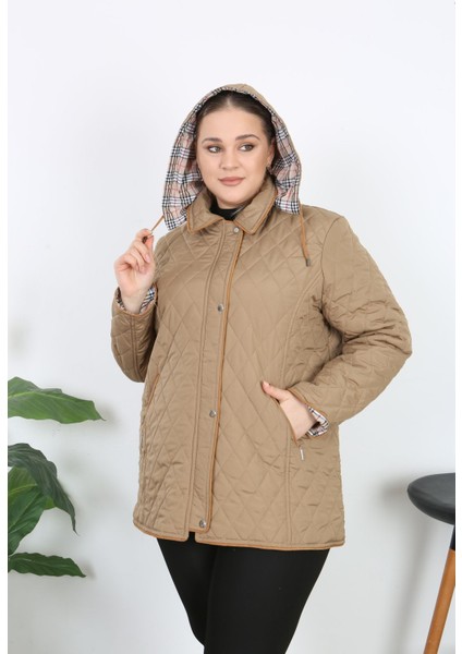 Baharlık Ekoseli, Kapitone Mont, Kapüşonlu Mont, Büyük Beden, Su Itici, Biyeli, Vizon