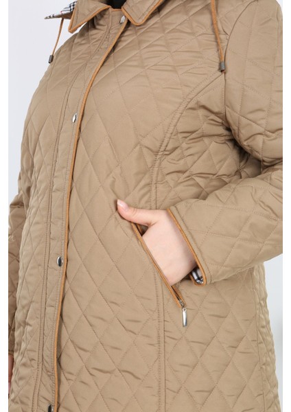 Baharlık Ekoseli, Kapitone Mont, Kapüşonlu Mont, Büyük Beden, Su Itici, Biyeli, Vizon