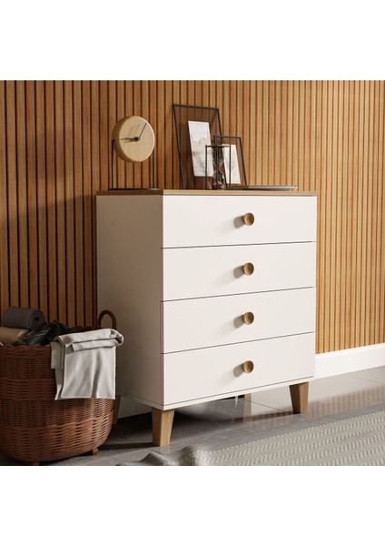 Şifonyer E1 Sertifikalı Suntalam 80x86x45 cm 4 Çekmeceli Sepet Meşe Beyaz Modern Tasarım